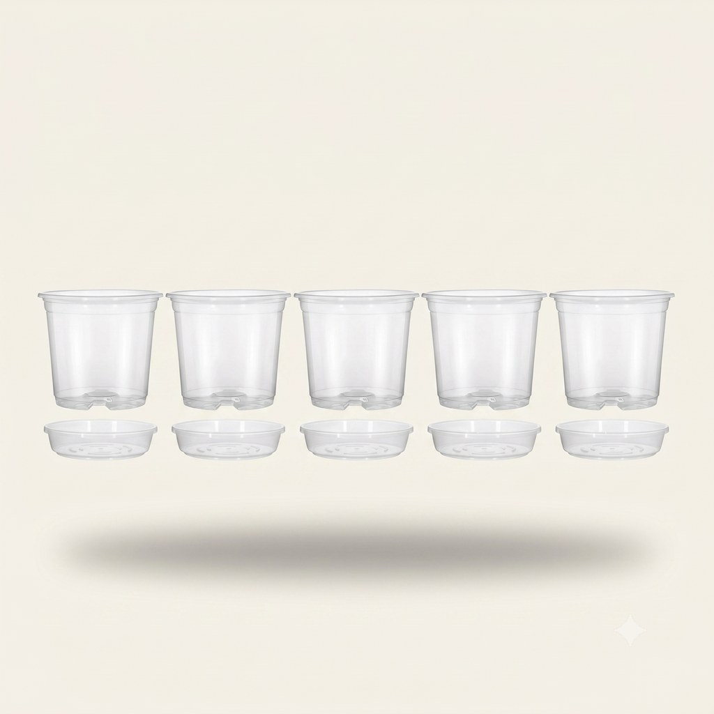 5-Pack Transparent Plastic Plant Pots with Saucers & Drainage Holes for Orchids, Succulents & Indoor Plants — 3.5in, 4in, 5in