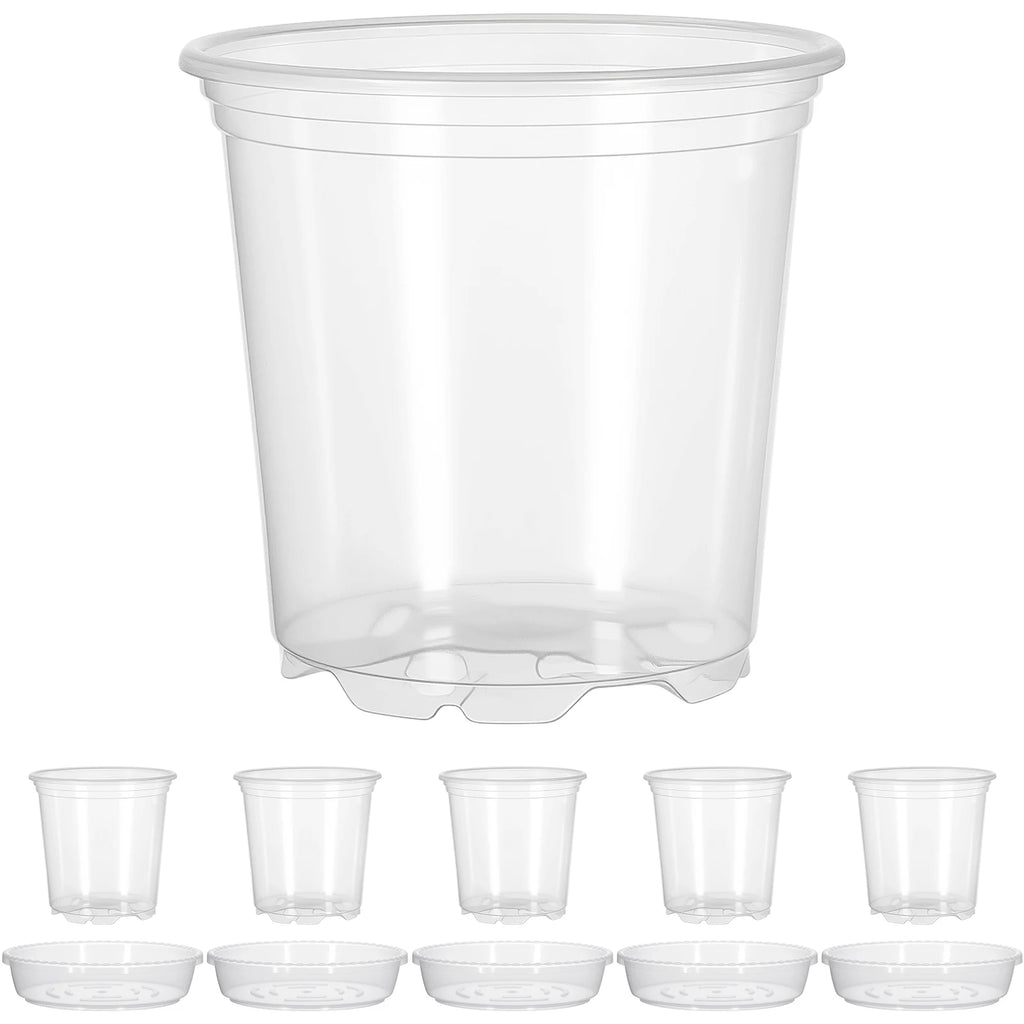 5-Pack Transparent Plastic Plant Pots with Saucers & Drainage Holes for Orchids, Succulents & Indoor Plants — 3.5in, 4in, 5in