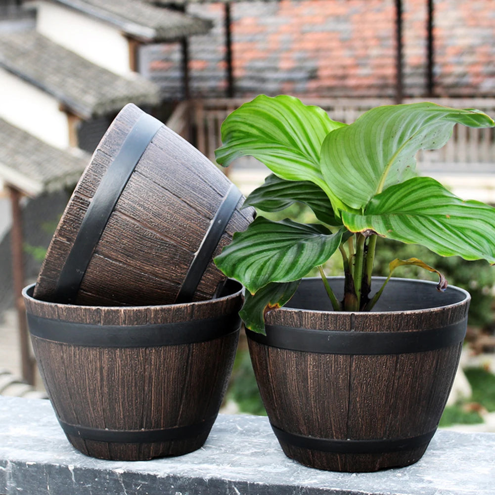 Wood Barrel Style Resin Planter Pot with Drainage for Herbs, Trees & Plants — 9in & 12in Options