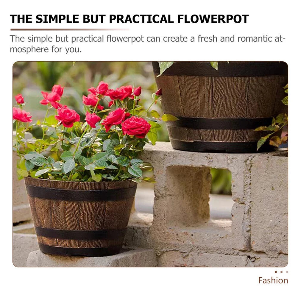 Wood Barrel Style Resin Planter Pot with Drainage for Herbs, Trees & Plants — 9in & 12in Options