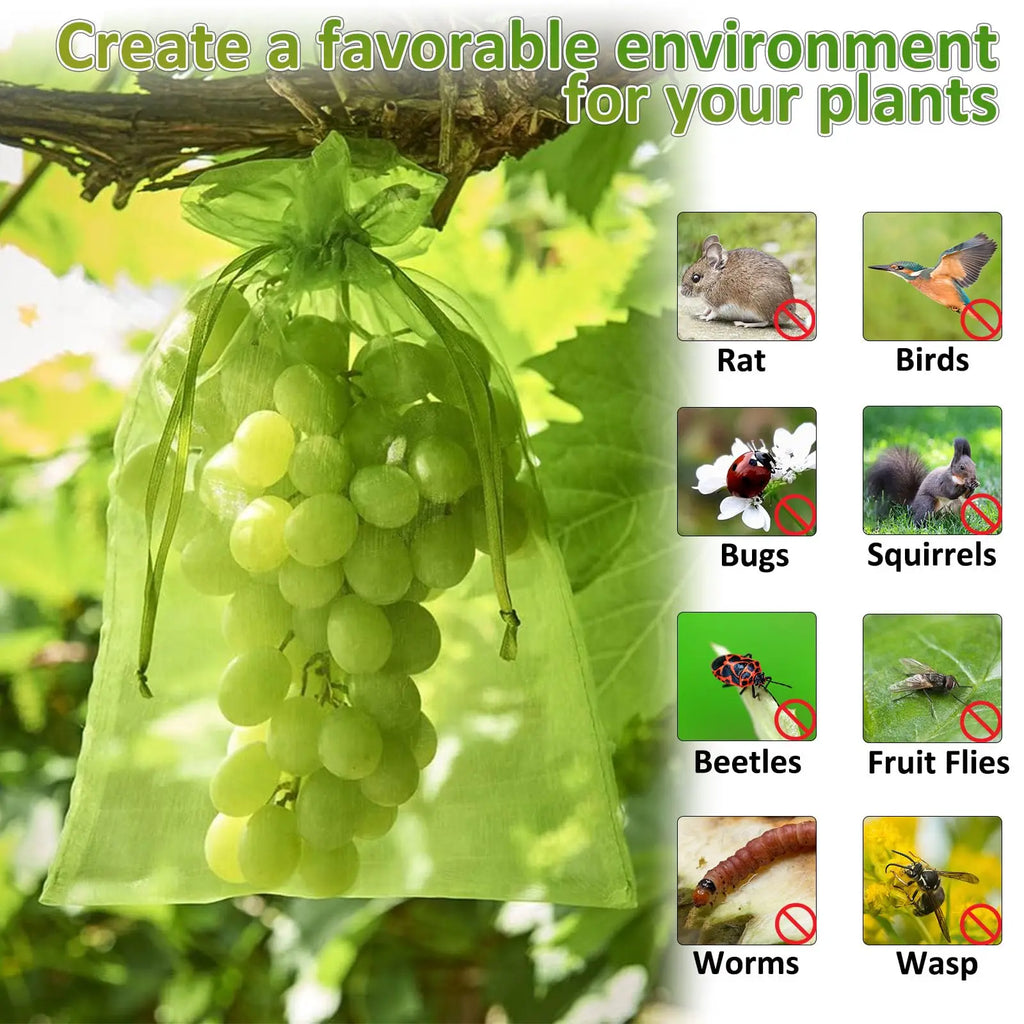 Drawstring Fruit Protection Mesh Bags for Figs, Lemons, Strawberries, Grapes & Vegetables — 7×9cm, 10×15cm, 17×23cm, 20×30cm — 50 & 100 Pack