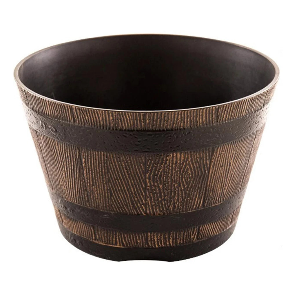 Wood Barrel Style Resin Planter Pot with Drainage for Herbs, Trees & Plants — 9in & 12in Options