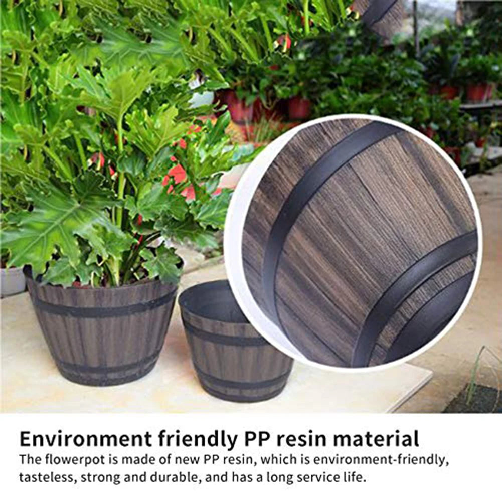 Wood Barrel Style Resin Planter Pot with Drainage for Herbs, Trees & Plants — 9in & 12in Options