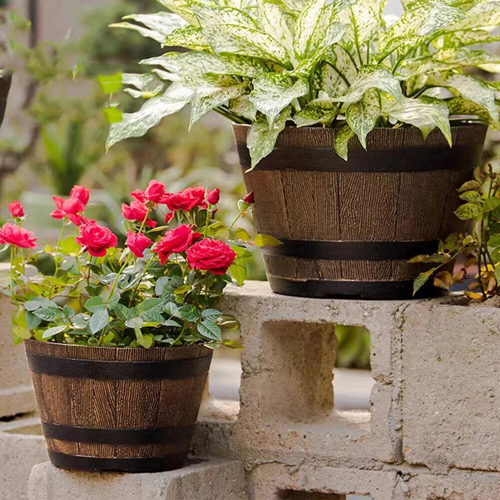 Wood Barrel Style Resin Planter Pot with Drainage for Herbs, Trees & Plants — 9in & 12in Options