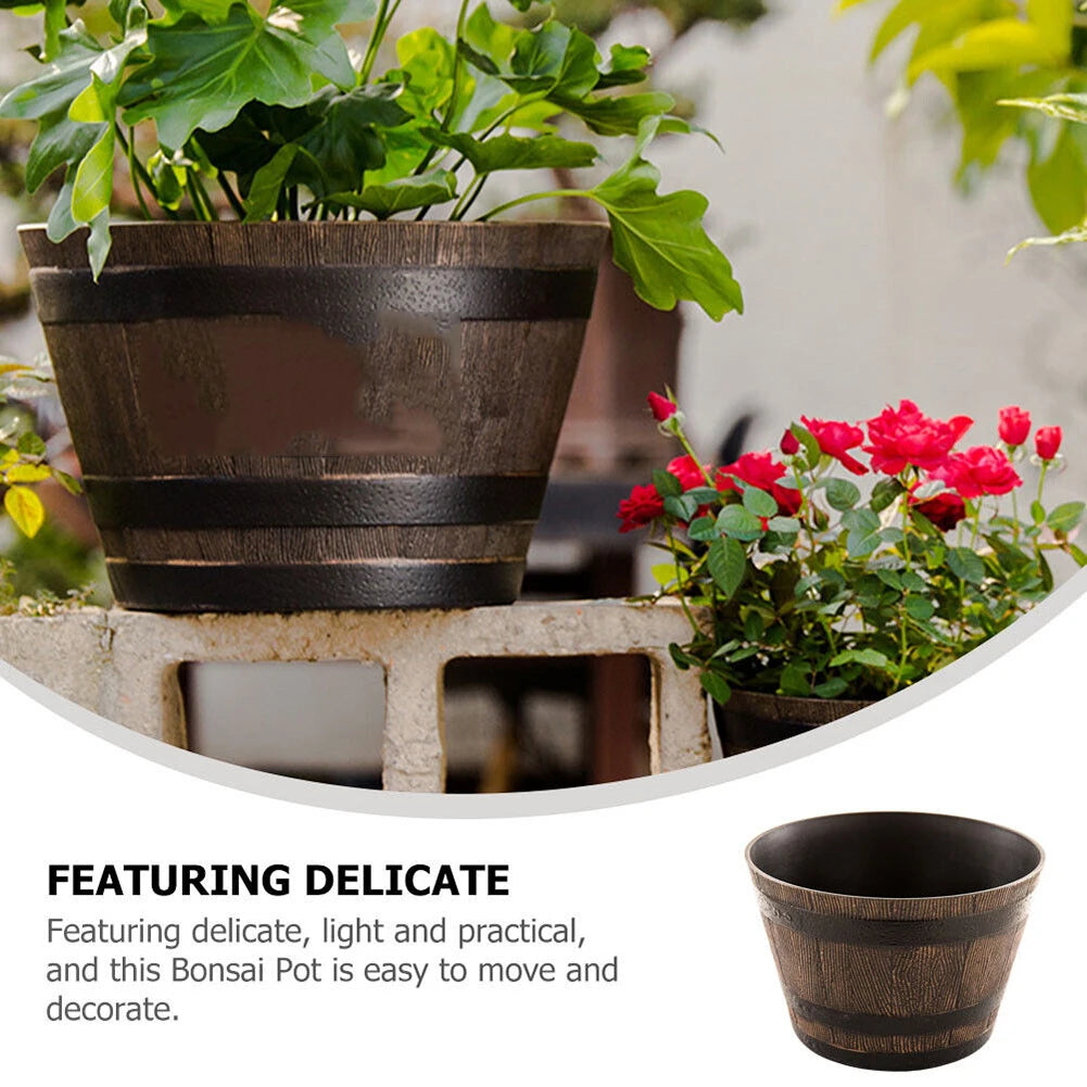 Wood Barrel Style Resin Planter Pot with Drainage for Herbs, Trees & Plants — 9in & 12in Options