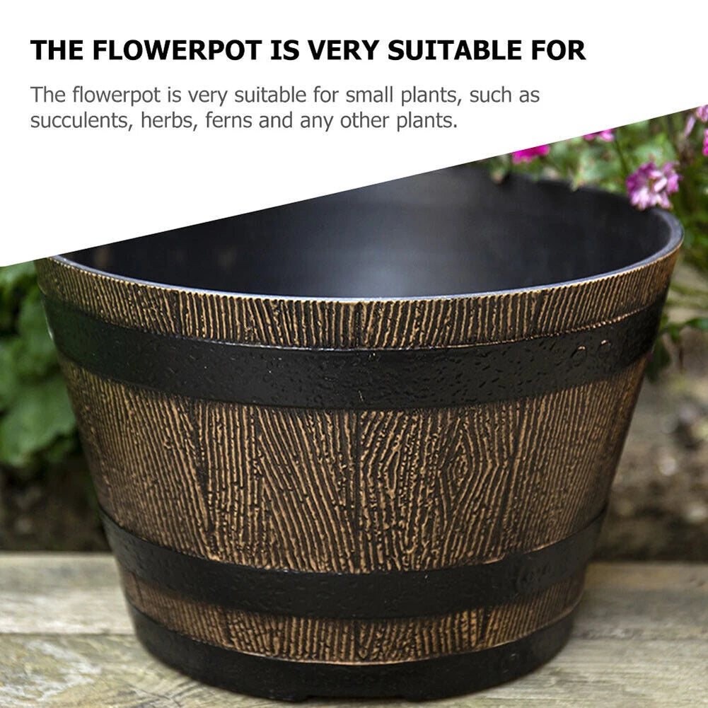 Wood Barrel Style Resin Planter Pot with Drainage for Herbs, Trees & Plants — 9in & 12in Options