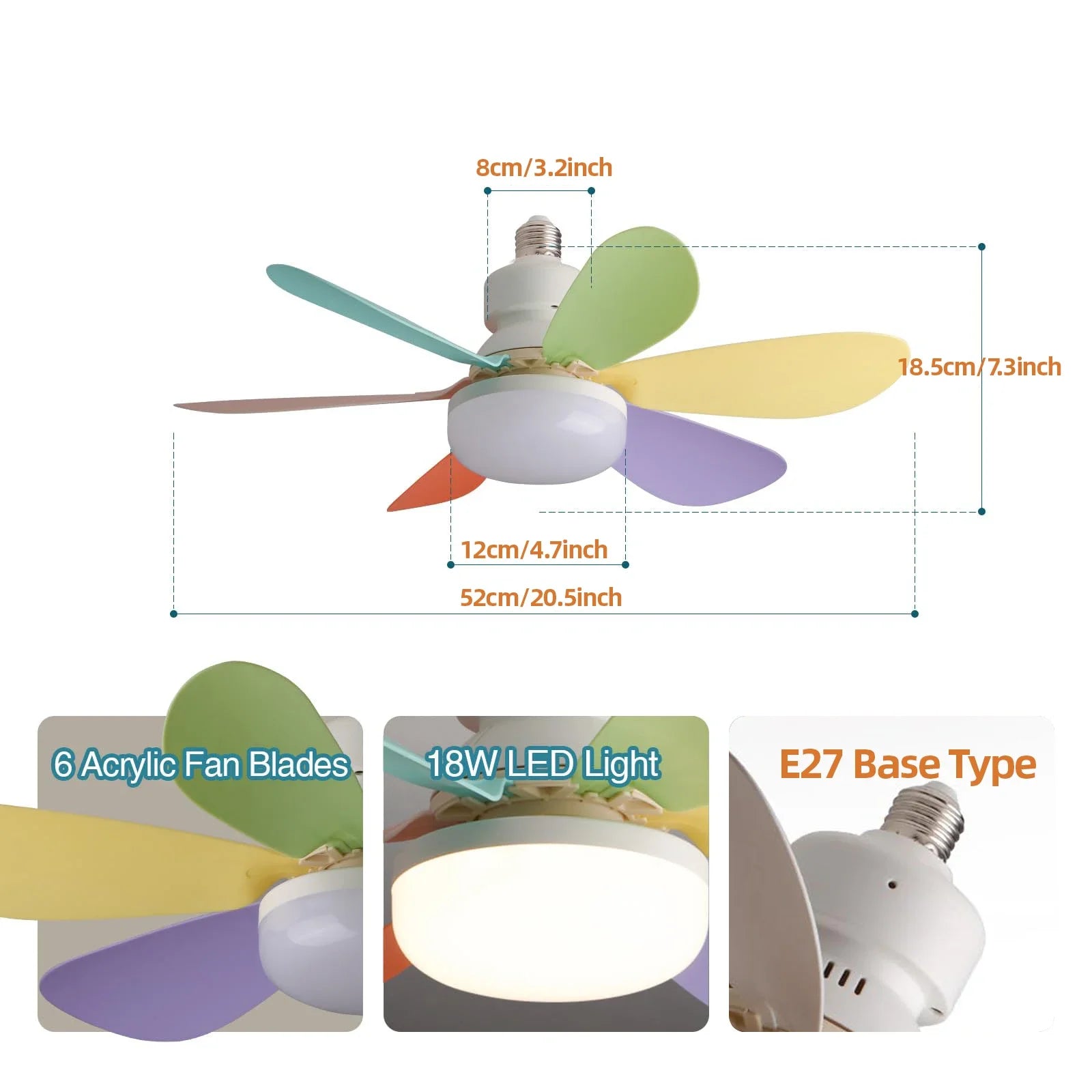 52cm E27 LED Ceiling Fan Light for Indoor Grow Spaces — Remote Dimming, 40W, 6-Blade Airflow, White & Multicolor Options