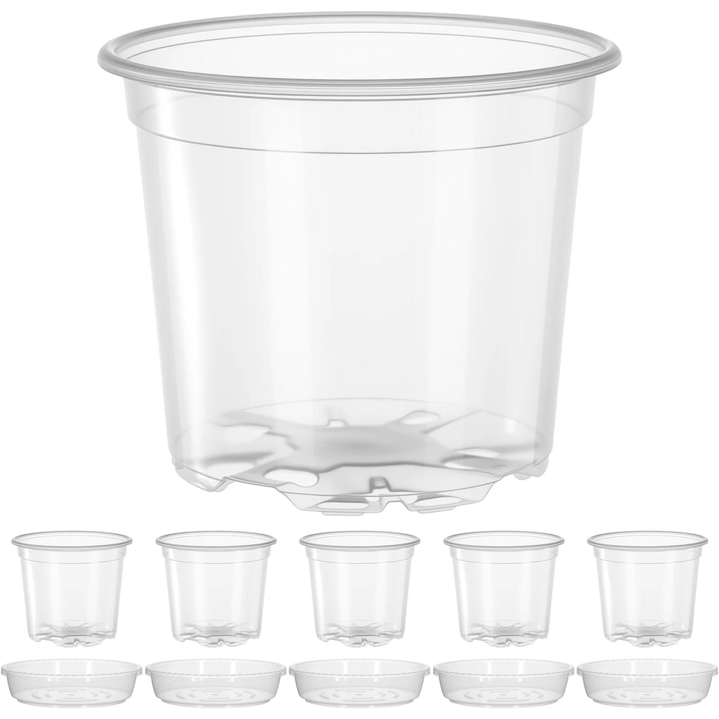 5-Pack Transparent Plastic Plant Pots with Saucers & Drainage Holes for Orchids, Succulents & Indoor Plants — 3.5in, 4in, 5in