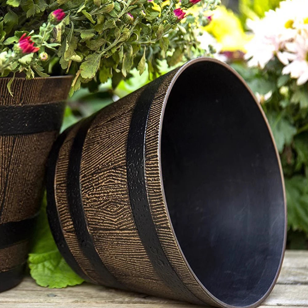 Wood Barrel Style Resin Planter Pot with Drainage for Herbs, Trees & Plants — 9in & 12in Options
