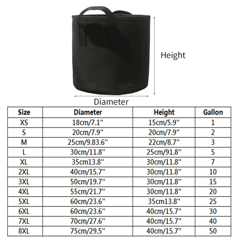Felt Fabric Grow Bags for Vegetables, Tomatoes, Potatoes & Herbs — 1 to 30 Gallon Sizes — 1pc or 5pc Set