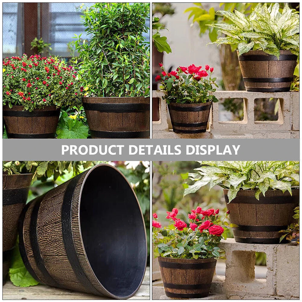 Wood Barrel Style Resin Planter Pot with Drainage for Herbs, Trees & Plants — 9in & 12in Options