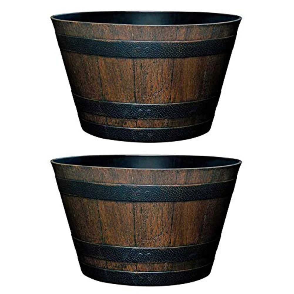 Wood Barrel Style Resin Planter Pot with Drainage for Herbs, Trees & Plants — 9in & 12in Options