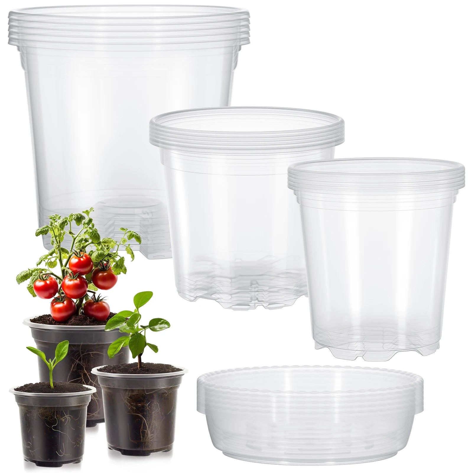 5-Pack Transparent Plastic Plant Pots with Saucers & Drainage Holes for Orchids, Succulents & Indoor Plants — 3.5in, 4in, 5in