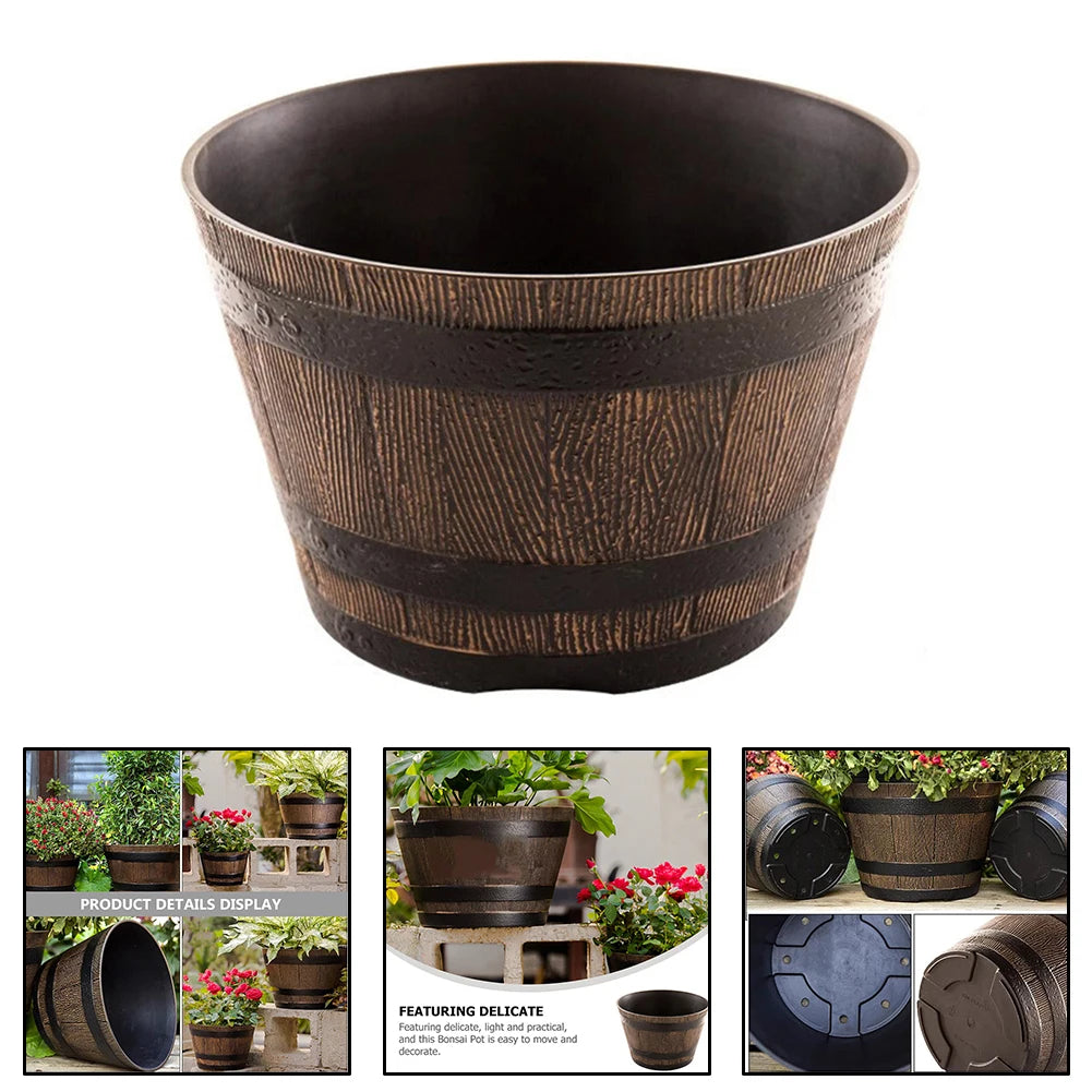 Wood Barrel Style Resin Planter Pot with Drainage for Herbs, Trees & Plants — 9in & 12in Options