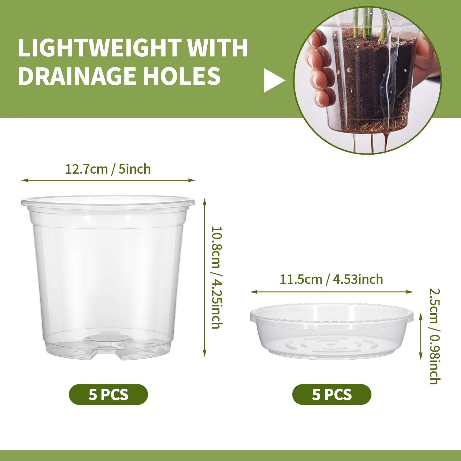 5-Pack Transparent Plastic Plant Pots with Saucers & Drainage Holes for Orchids, Succulents & Indoor Plants — 3.5in, 4in, 5in
