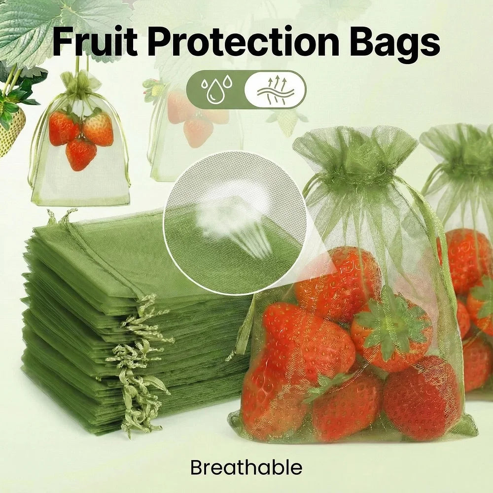 Drawstring Fruit Protection Mesh Bags for Figs, Lemons, Strawberries, Grapes & Vegetables — 7×9cm, 10×15cm, 17×23cm, 20×30cm — 50 & 100 Pack