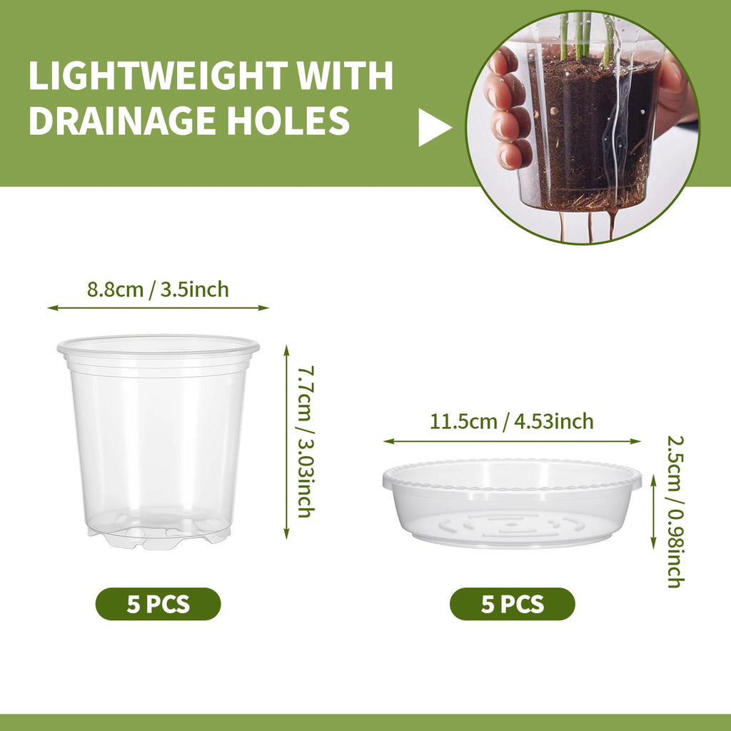 5-Pack Transparent Plastic Plant Pots with Saucers & Drainage Holes for Orchids, Succulents & Indoor Plants — 3.5in, 4in, 5in