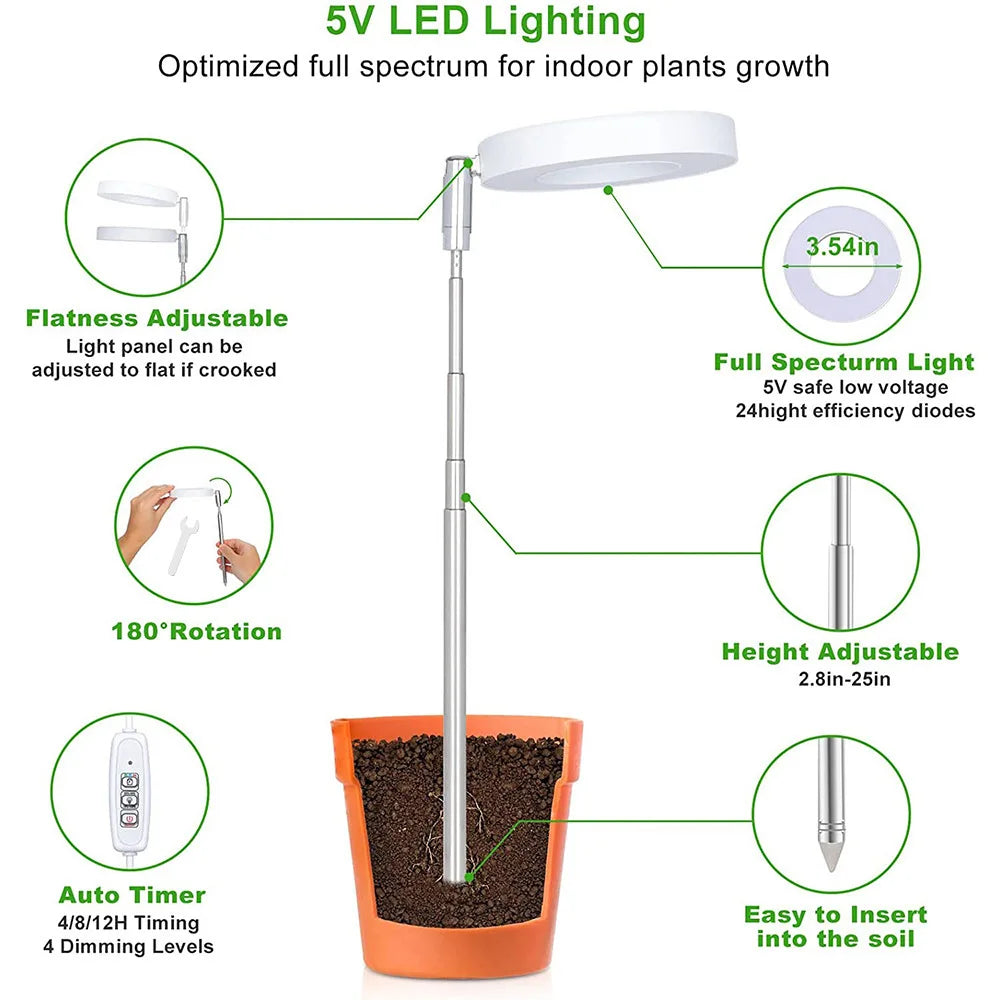 USB Full-Spectrum LED Grow Light for Small Indoor Plants, Herbs & Seedlings — Dimmable, 3 Timer Modes, White Plug