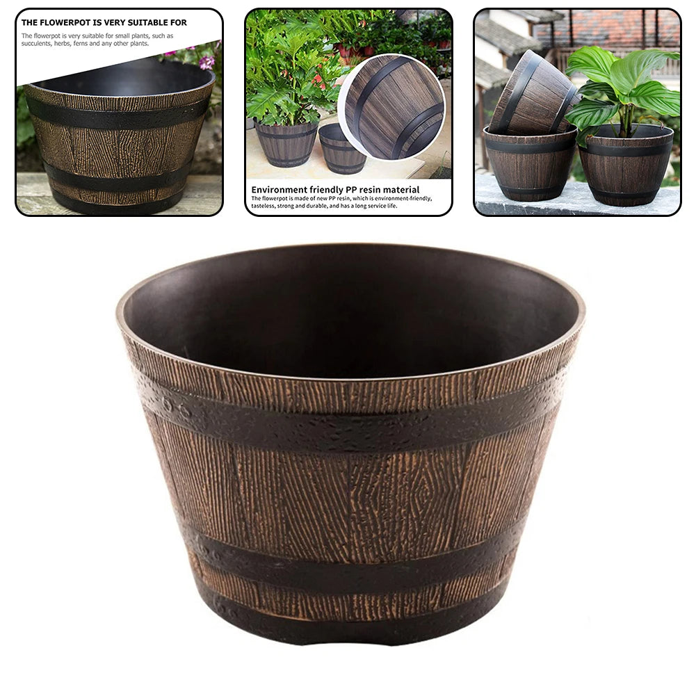 Wood Barrel Style Resin Planter Pot with Drainage for Herbs, Trees & Plants — 9in & 12in Options