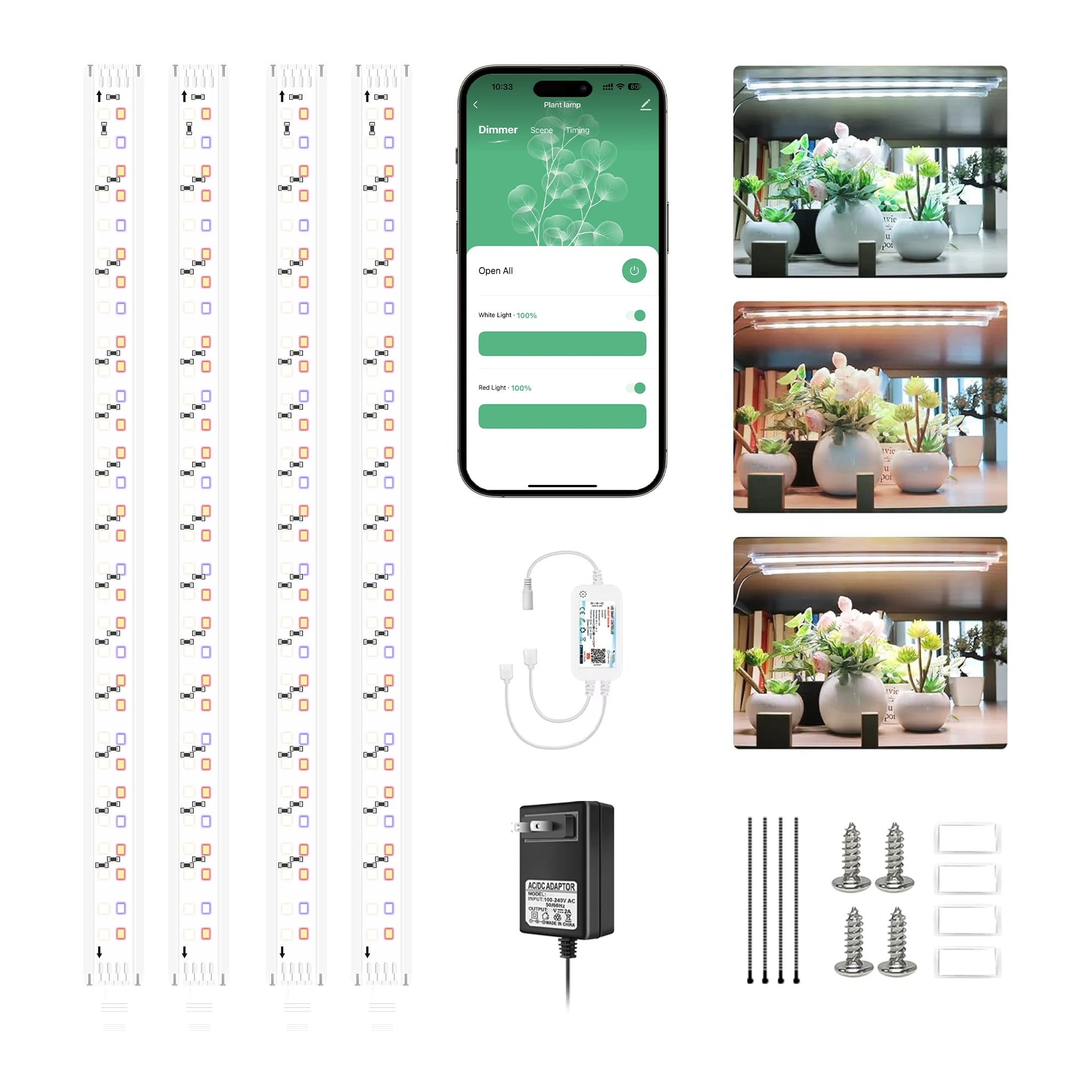 Smart Adjustable Full-Spectrum LED Grow Light Bar for Indoor Plants & Plant Shelves — Tuya Compatible, 2pc & 4pc, US/EU/UK Plug
