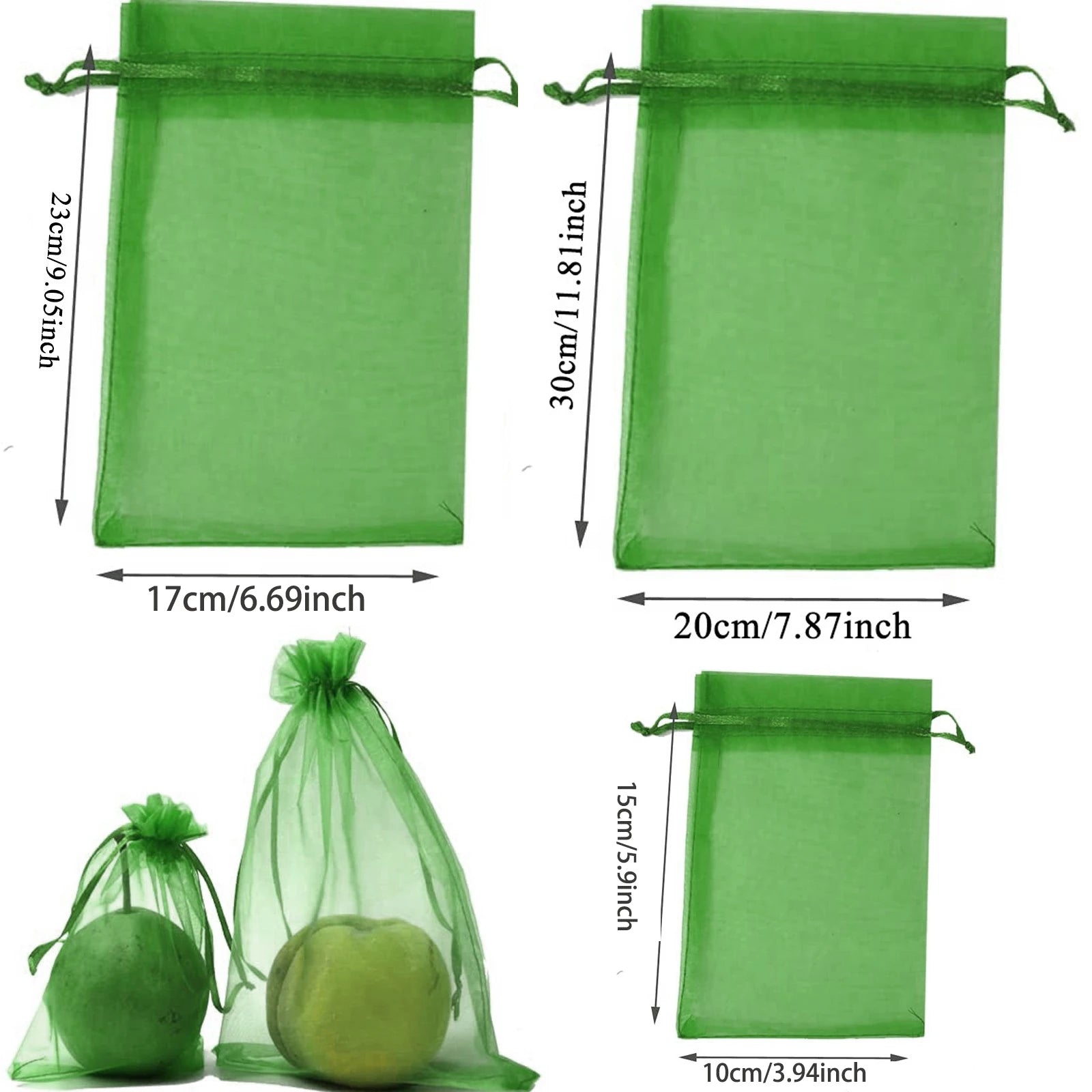 Drawstring Fruit Protection Mesh Bags for Figs, Lemons, Strawberries, Grapes & Vegetables — 7×9cm, 10×15cm, 17×23cm, 20×30cm — 50 & 100 Pack