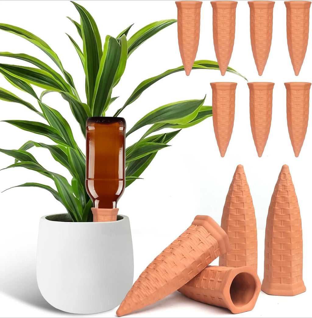 Terracotta Plant Watering Spikes for Indoor & Outdoor Plants — Vacation Watering & Slow Soil Hydration — 1, 4, 8 & 12 Piece