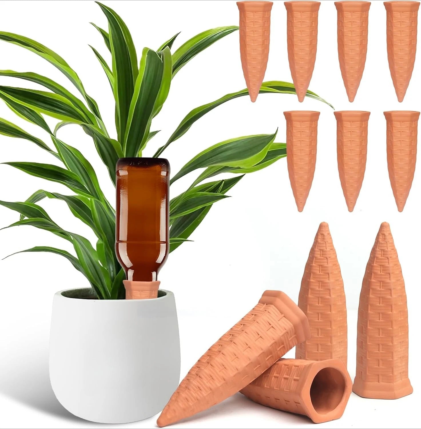 Terracotta Plant Watering Spikes for Indoor & Outdoor Plants — Vacation Watering & Slow Soil Hydration — 1, 4, 8 & 12 Piece