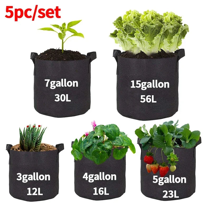 Felt Fabric Grow Bags for Vegetables, Tomatoes, Potatoes & Herbs — 1 to 30 Gallon Sizes — 1pc or 5pc Set
