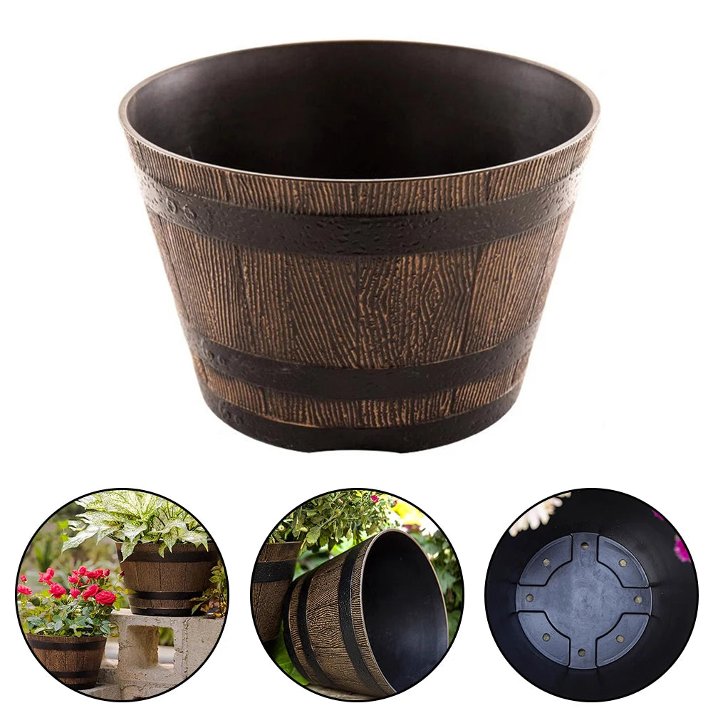 Wood Barrel Style Resin Planter Pot with Drainage for Herbs, Trees & Plants — 9in & 12in Options