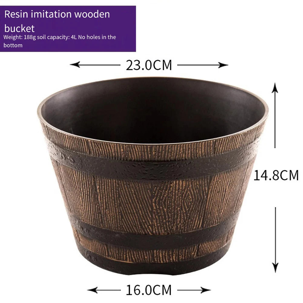Wood Barrel Style Resin Planter Pot with Drainage for Herbs, Trees & Plants — 9in & 12in Options