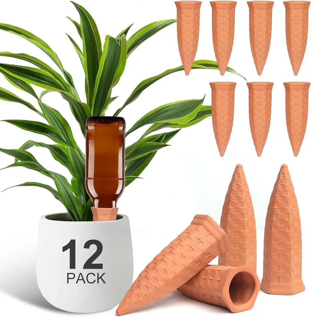 Terracotta Plant Watering Spikes for Indoor & Outdoor Plants — Vacation Watering & Slow Soil Hydration — 1, 4, 8 & 12 Piece