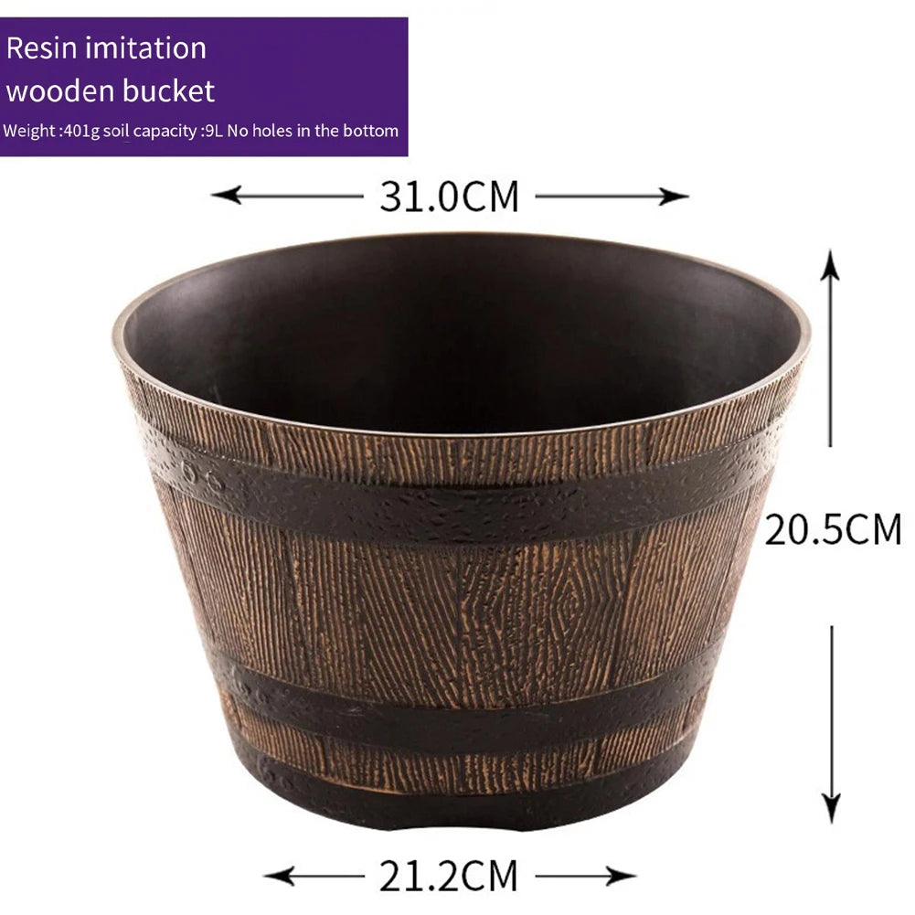 Wood Barrel Style Resin Planter Pot with Drainage for Herbs, Trees & Plants — 9in & 12in Options