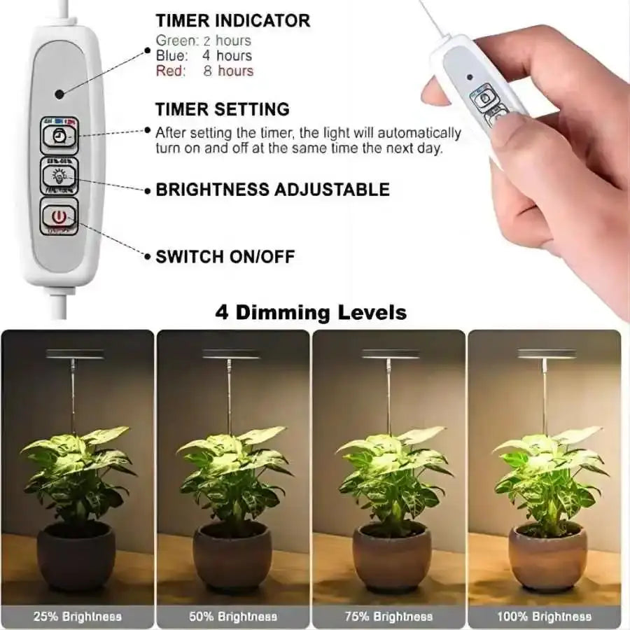 USB Full-Spectrum LED Grow Light for Small Indoor Plants, Herbs & Seedlings — Dimmable, 3 Timer Modes, White Plug