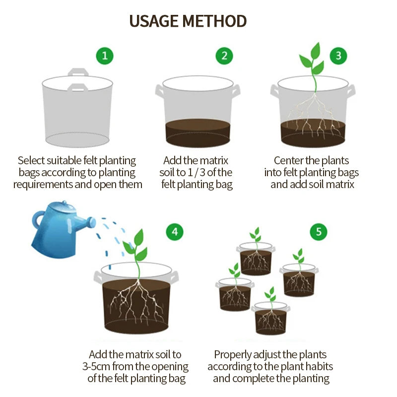 Felt Fabric Grow Bags for Vegetables, Tomatoes, Potatoes & Herbs — 1 to 30 Gallon Sizes — 1pc or 5pc Set