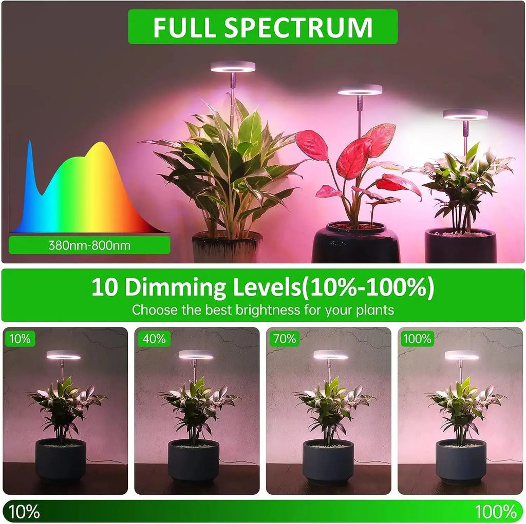 USB Full-Spectrum LED Grow Light for Small Indoor Plants, Herbs & Seedlings — Dimmable, 3 Timer Modes, White Plug