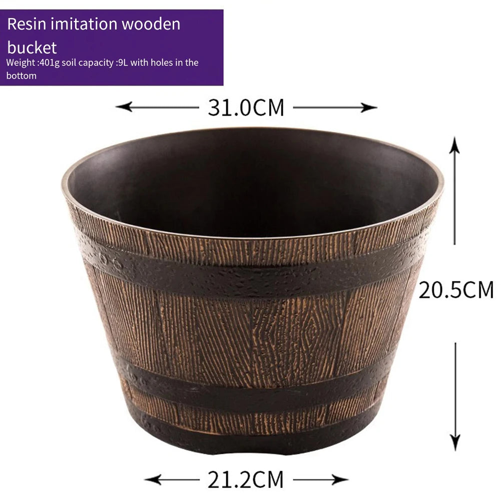 Wood Barrel Style Resin Planter Pot with Drainage for Herbs, Trees & Plants — 9in & 12in Options