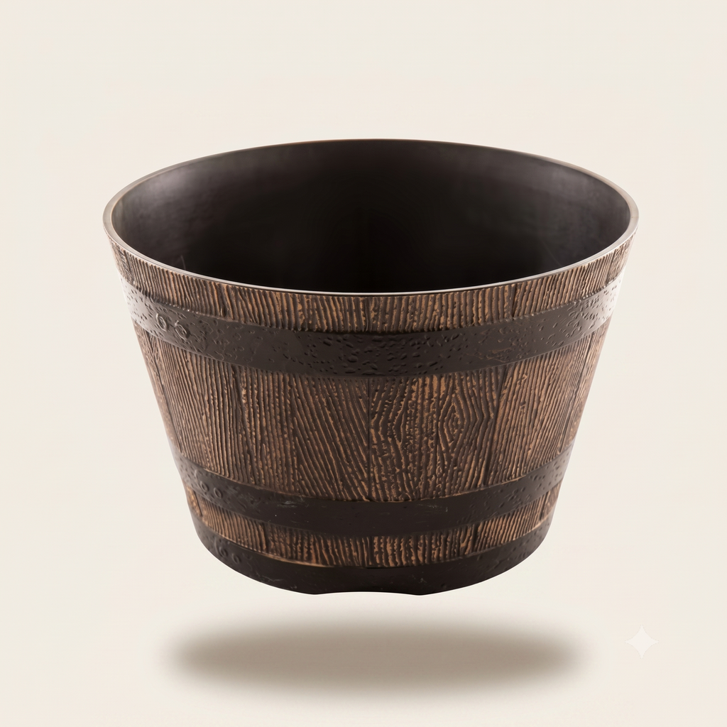Wood Barrel Style Resin Planter Pot with Drainage for Herbs, Trees & Plants — 9in & 12in Options