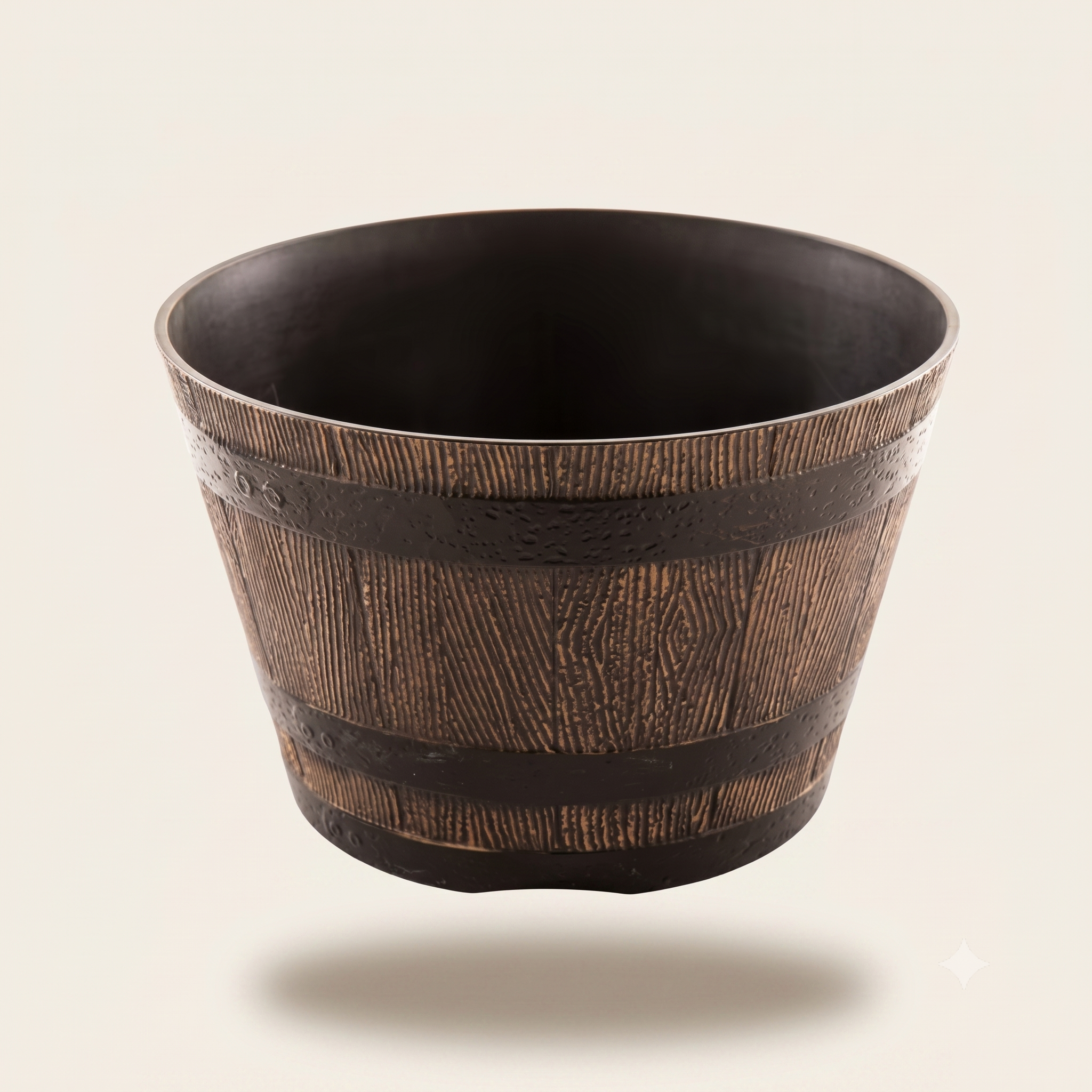 Wood Barrel Style Resin Planter Pot with Drainage for Herbs, Trees & Plants — 9in & 12in Options
