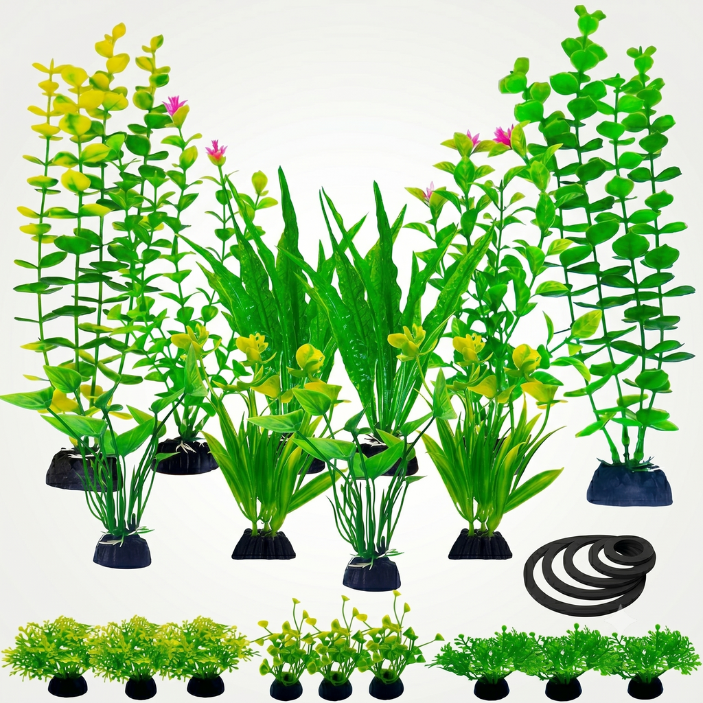 24PC Artificial Aquarium Decor Plants Water Weeds Ornament Aquatic Plant Grass Blocking Rings Set Fish Tank Grass Decoration