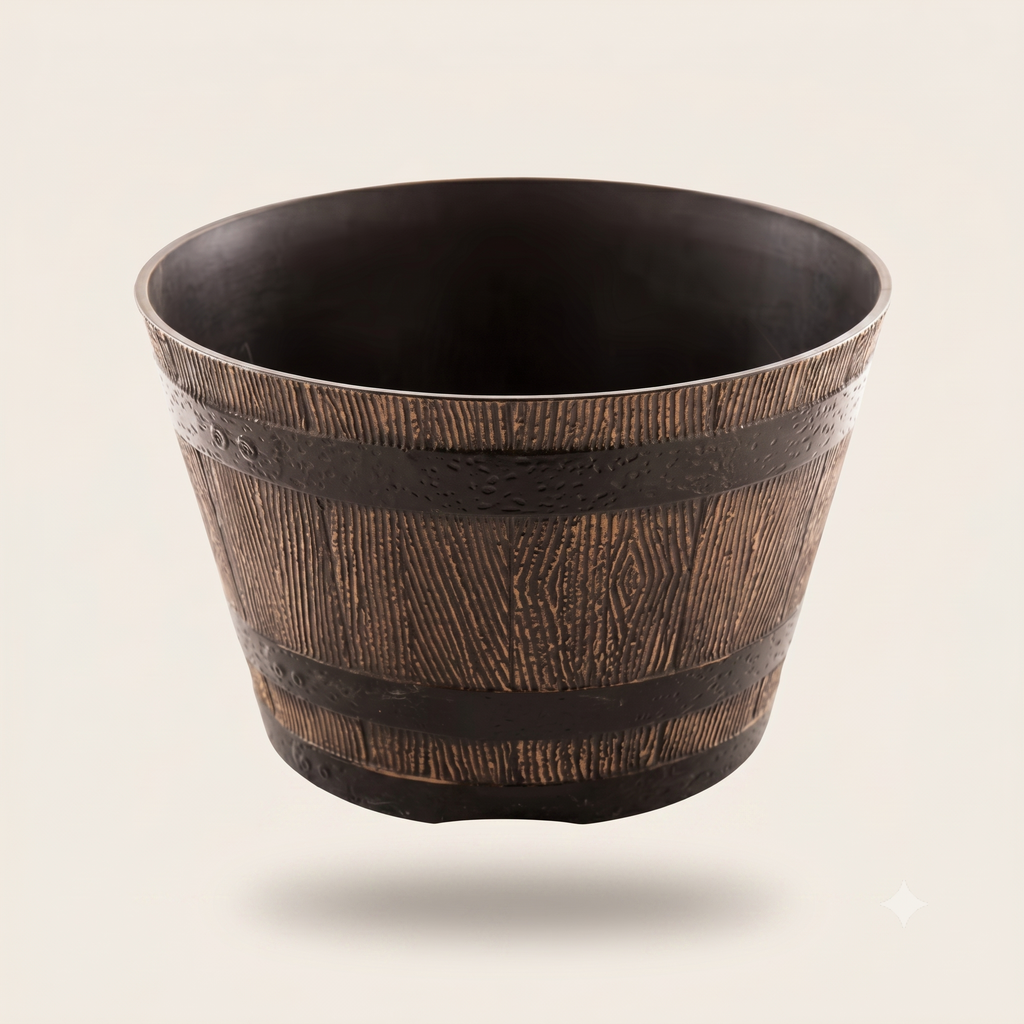 Wood Barrel Style Resin Planter Pot with Drainage for Herbs, Trees & Plants — 9in & 12in Options